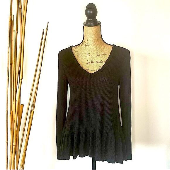 Anthropologie Eri + Ali Black Waffle Knit Thermal - Picture 1 of 9